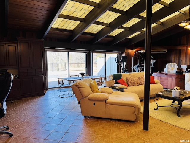living room with lofted ceiling with beams, light tile patterned floors, and wooden walls