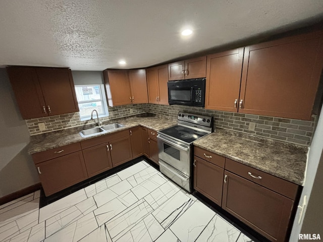 kitchen featuring stainless steel range with electric stovetop, sink, decorative backsplash, and a textured ceiling