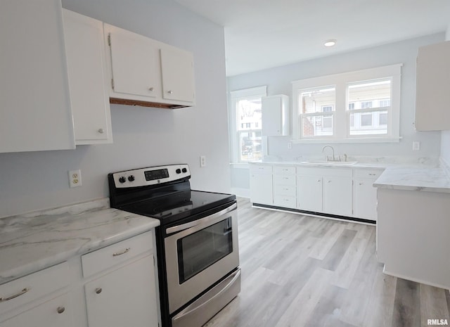 kitchen with sink, stainless steel range with electric cooktop, white cabinets, and light wood-type flooring