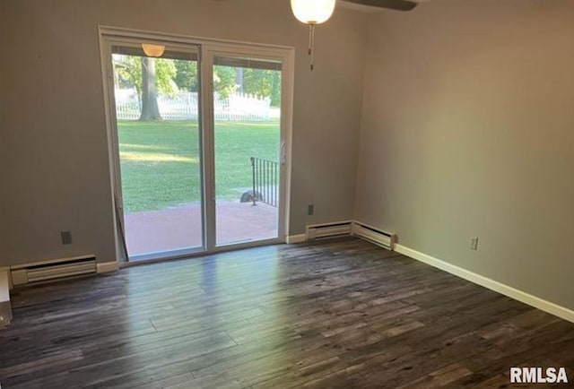 empty room featuring dark hardwood / wood-style floors, ceiling fan, and baseboard heating