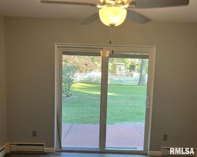 doorway to outside with ceiling fan and a baseboard radiator