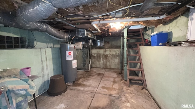 basement with electric water heater and heating unit