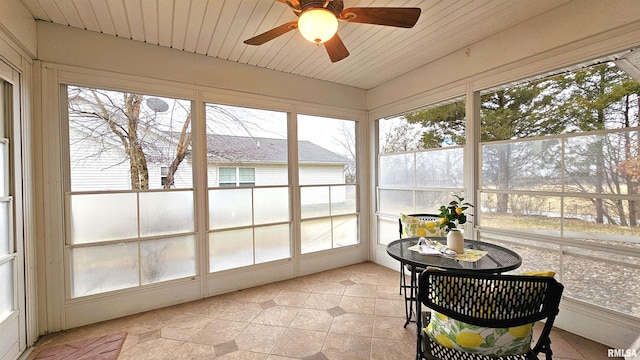 sunroom with vaulted ceiling, ceiling fan, and wood ceiling