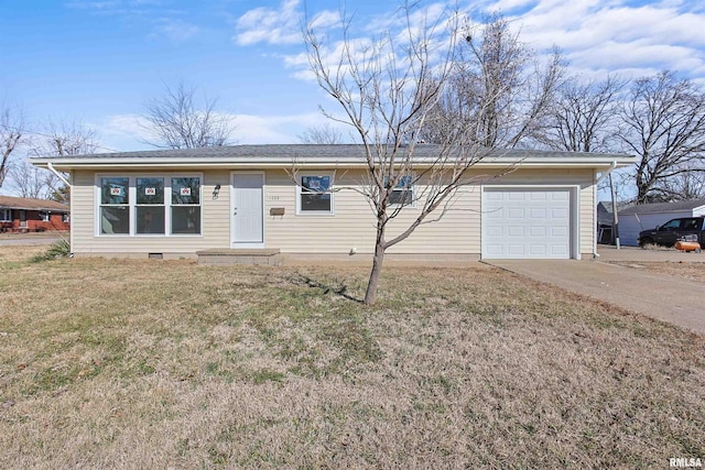 single story home with a garage and a front lawn