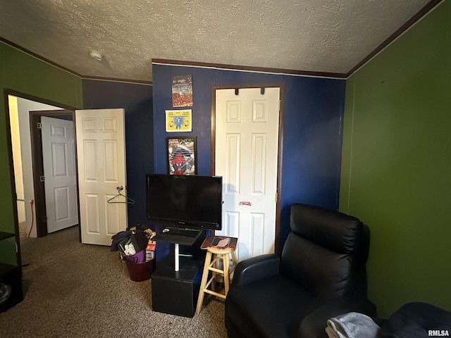 living area featuring carpet floors, ornamental molding, a textured ceiling, and vaulted ceiling