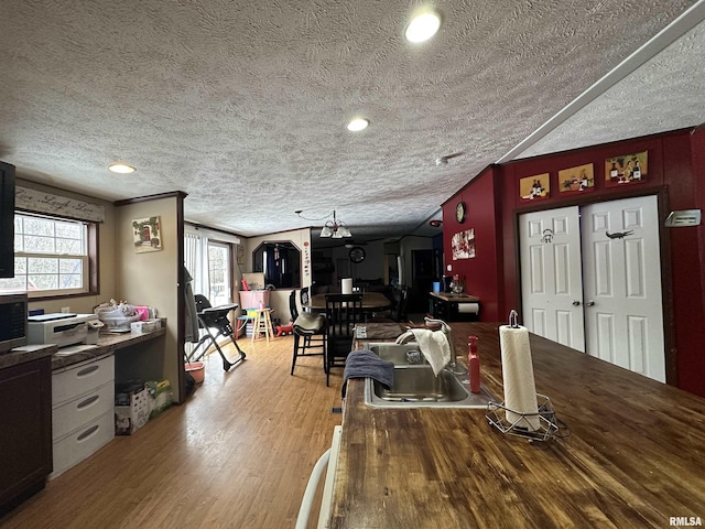 dining room featuring sink, light hardwood / wood-style flooring, and a textured ceiling