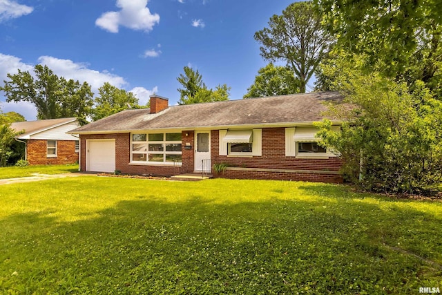 ranch-style house with a front yard and a garage