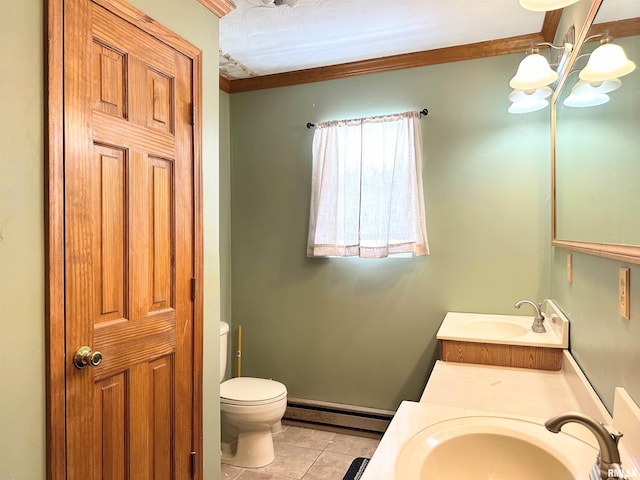 bathroom with tile patterned flooring, crown molding, a baseboard heating unit, toilet, and a chandelier