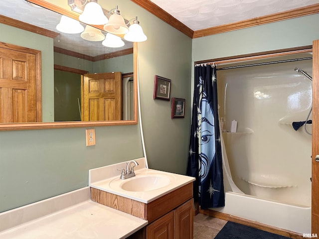 bathroom featuring vanity, shower / bath combination with curtain, and crown molding