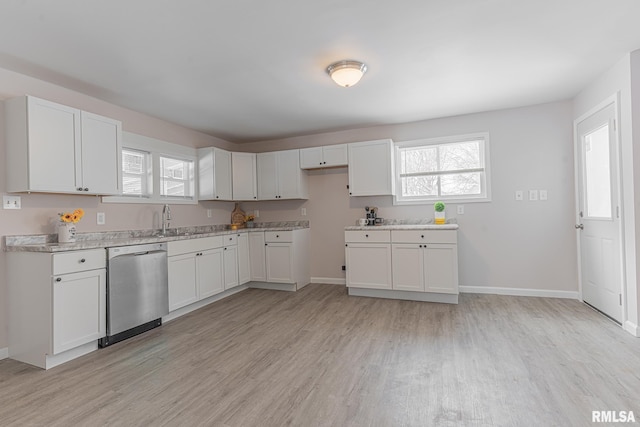 407 NW 6th St, Fairfield, IL 62837 - kitchen with stainless steel dishwasher, light hardwood / wood-style floors, and white cabinets