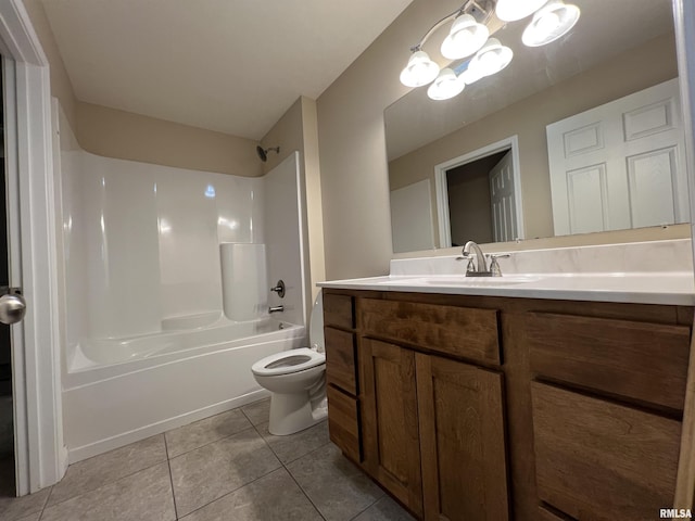 full bath with shower / washtub combination, tile patterned flooring, vanity, and toilet