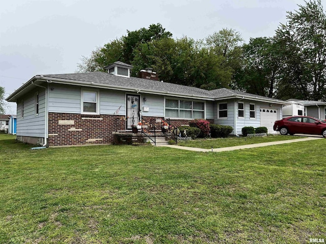 5 Evergreen Dr, Mount Vernon, IL 62864 - ranch-style house with a garage, a chimney, a front lawn, and brick siding