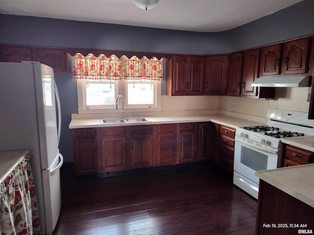 kitchen featuring dark hardwood / wood-style flooring, sink, and white appliances