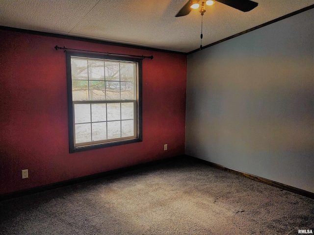 85 Bethlehem Church Ln, Vienna, IL 62995 - carpeted empty room with a textured ceiling, ceiling fan, ornamental molding, and baseboards