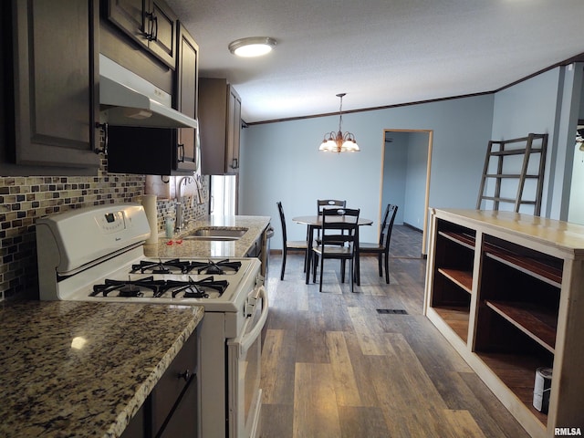 85 Bethlehem Church Ln, Vienna, IL 62995 - kitchen featuring dark brown cabinetry, white range with gas stovetop, light stone counters, crown molding, and a sink