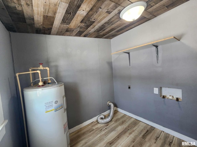 washroom with laundry area, wood finished floors, wood ceiling, water heater, and electric dryer hookup