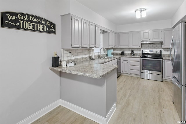 kitchen featuring light wood finished floors, gray cabinets, appliances with stainless steel finishes, a sink, and a peninsula