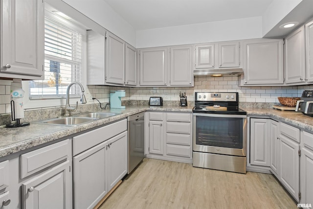 kitchen with stainless steel appliances, backsplash, light wood-style flooring, a sink, and under cabinet range hood