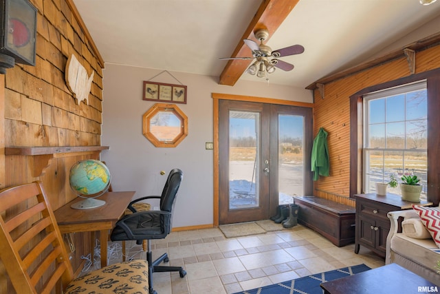 office space featuring french doors, baseboards, beamed ceiling, and ceiling fan