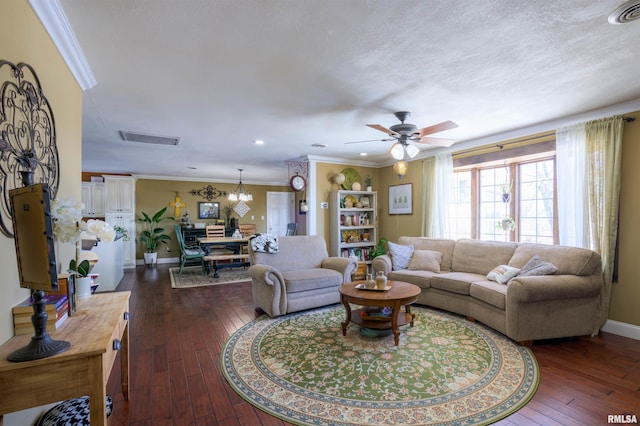 living room featuring crown molding, dark wood-style floors, and visible vents