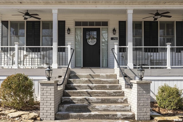 property entrance featuring covered porch and ceiling fan