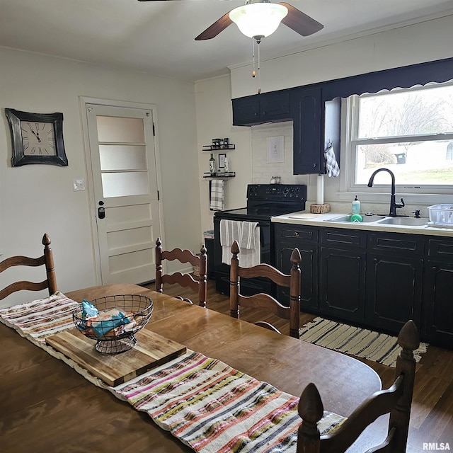 dining room featuring dark wood-style flooring and ceiling fan