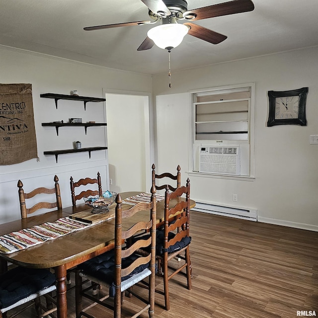 dining space with baseboards, a ceiling fan, wood finished floors, cooling unit, and a baseboard heating unit