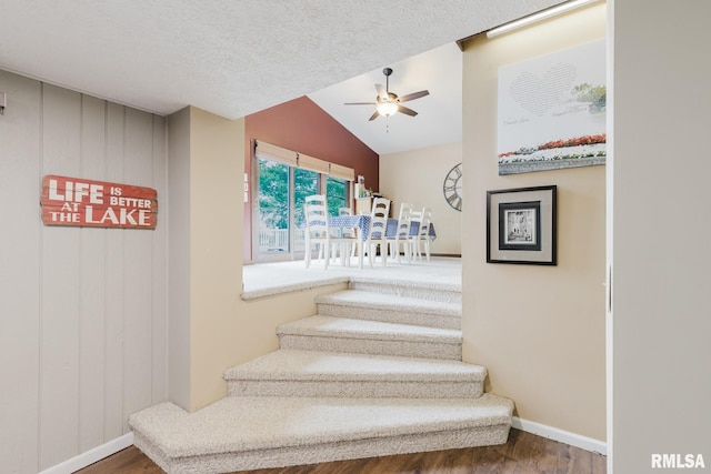 1437 Nassau Ln, Marion, IL 62959 - stairs featuring wood finished floors, ceiling fan, baseboards, and vaulted ceiling