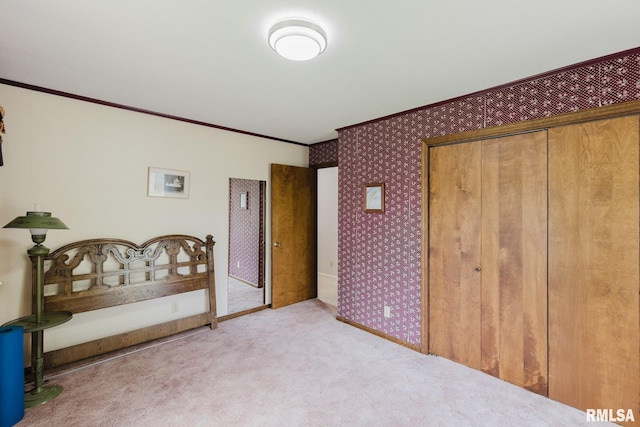 1437 Nassau Ln, Marion, IL 62959 - carpeted bedroom featuring crown molding, wallpapered walls, and a closet
