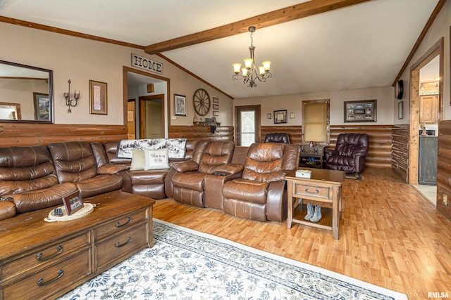 living area with lofted ceiling with beams, a chandelier, light wood-style flooring, ornamental molding, and rustic walls