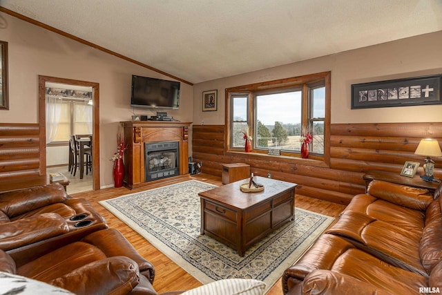 living area featuring vaulted ceiling, rustic walls, a glass covered fireplace, and a healthy amount of sunlight