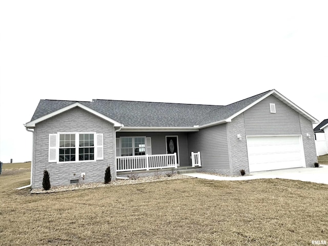 ranch-style house featuring driveway, a garage, crawl space, a porch, and a front yard