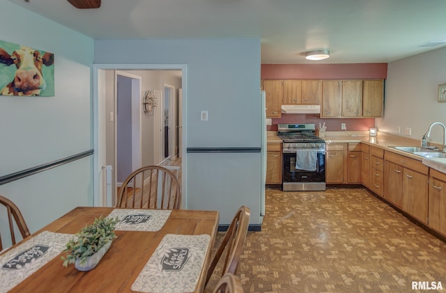 600 N Washington St, Sparta, IL 62286 - kitchen featuring light countertops, under cabinet range hood, gas stove, a sink, and visible vents