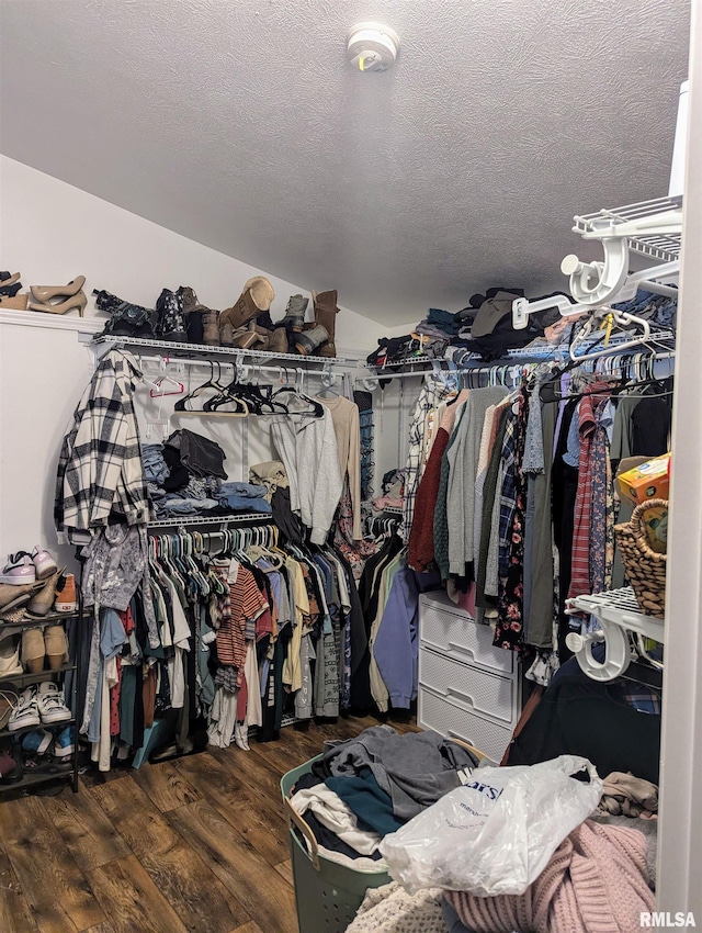 walk in closet featuring dark wood-style flooring