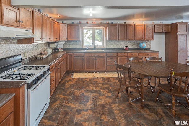 1548 Koehn Rd, Ava, IL 62907 - kitchen featuring a sink, dark countertops, white range with gas stovetop, and under cabinet range hood