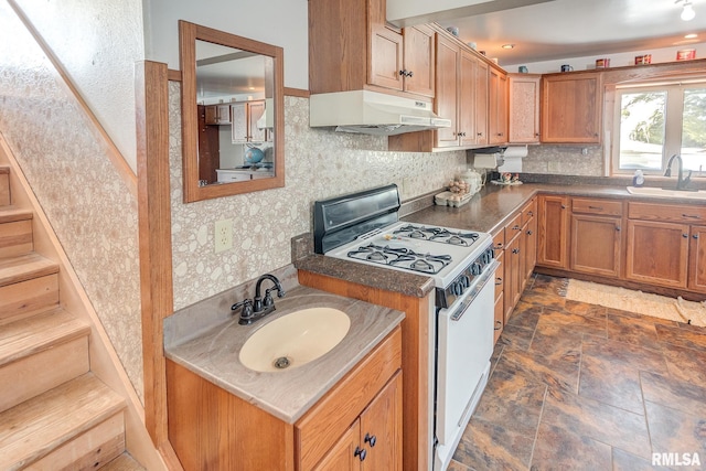 1548 Koehn Rd, Ava, IL 62907 - kitchen featuring white gas range, backsplash, under cabinet range hood, and a sink