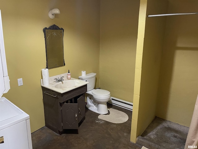 full bathroom with a baseboard radiator, unfinished concrete flooring, vanity, and toilet