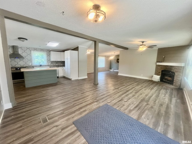 8065 E State Route 146th Hwy, Grantsburg, IL 62943 - unfurnished living room featuring a fireplace, baseboards, ceiling fan, a baseboard radiator, and dark wood-style flooring