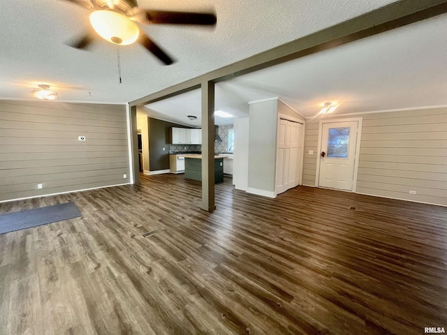 8065 E State Route 146th Hwy, Grantsburg, IL 62943 - unfurnished living room featuring wood walls, wood finished floors, ceiling fan, a textured ceiling, and baseboards