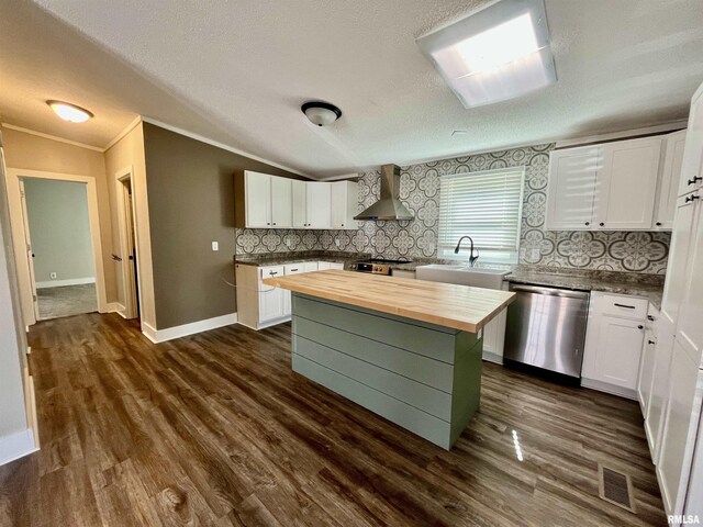 8065 E State Route 146th Hwy, Grantsburg, IL 62943 - kitchen with appliances with stainless steel finishes, wood counters, a sink, wall chimney exhaust hood, and backsplash