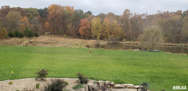 view of yard with a water view and a wooded view