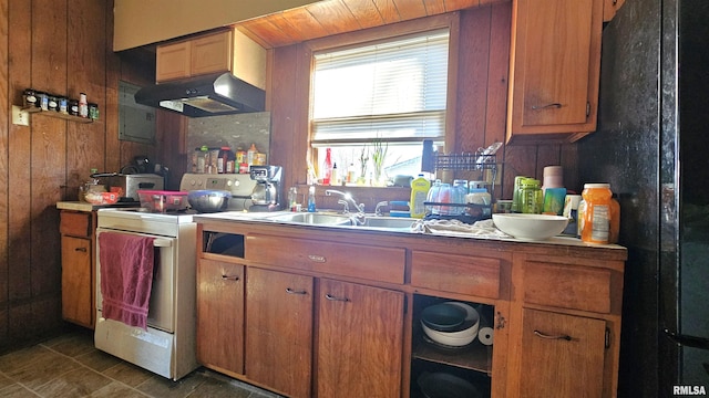 202 S Liberty St, Marion, IL 62959 - kitchen with brown cabinets, under cabinet range hood, wood walls, white range with electric cooktop, and freestanding refrigerator