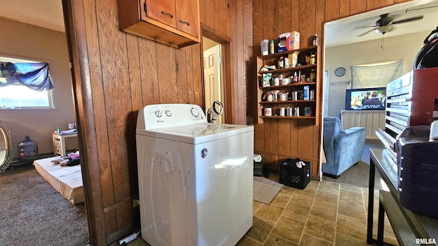 202 S Liberty St, Marion, IL 62959 - washroom with wooden walls, ceiling fan, laundry area, and washer / dryer