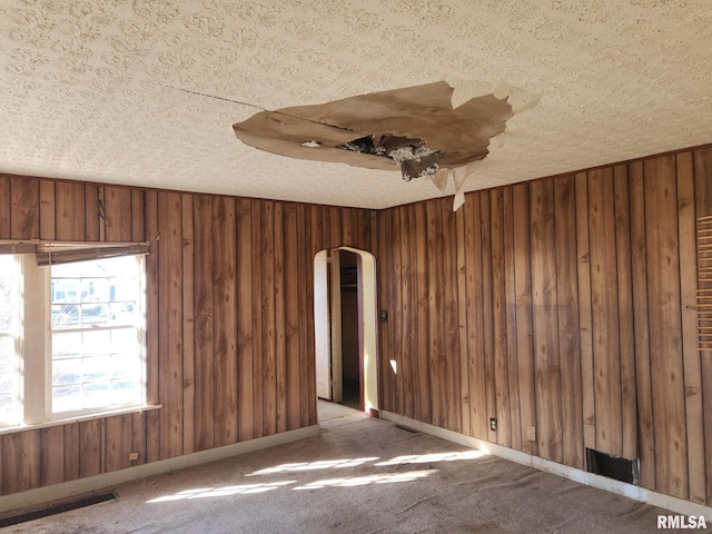 carpeted spare room with arched walkways, a textured ceiling, and wooden walls