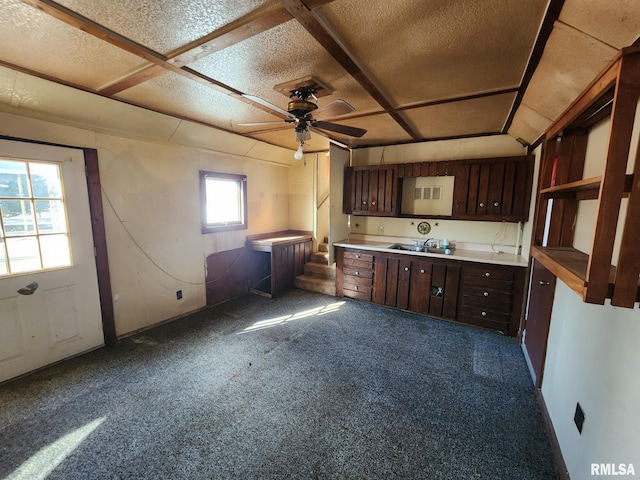 kitchen with dark carpet, a ceiling fan, a sink, a textured ceiling, and dark brown cabinets