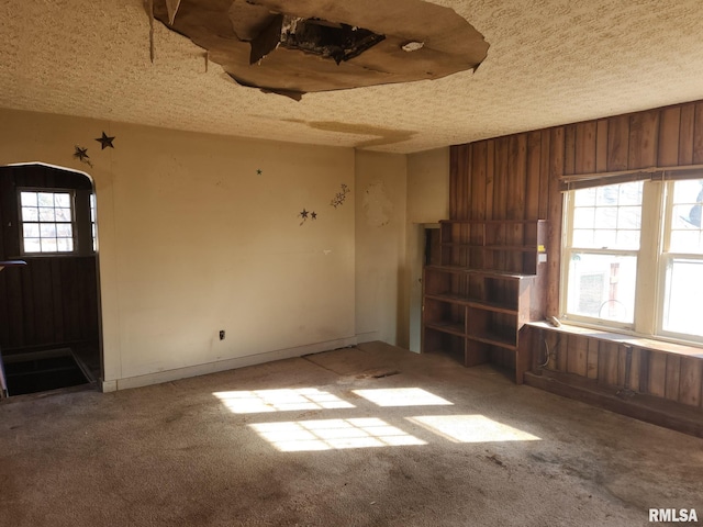 spare room with a textured ceiling, carpet floors, wood walls, and plenty of natural light