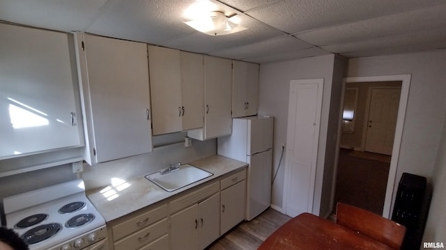 kitchen featuring white appliances, light wood-type flooring, light countertops, a paneled ceiling, and a sink