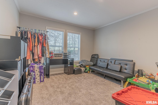 game room featuring carpet floors, baseboards, and ornamental molding