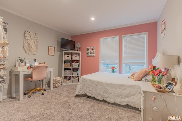 carpeted bedroom featuring ornamental molding