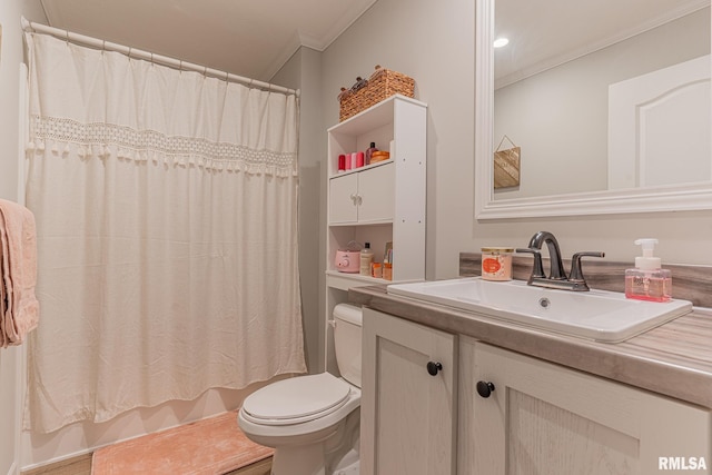 bathroom featuring toilet, recessed lighting, vanity, ornamental molding, and shower / bath combo with shower curtain